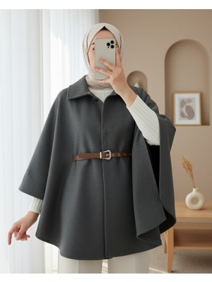 Modamorfo Omuzu Düğmeli Beli Kemerli Kaşe Panço  -Füme