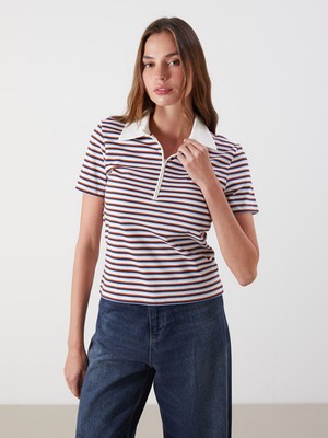 Lc Waikiki Yeni Sezon Polo Yaka Çizgili Kadın Tişört