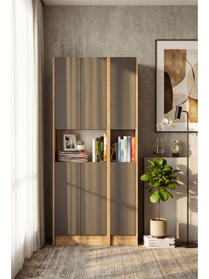 Yeti Mobilya FLAT85 Kitaplık 6 Kapaklı Kütüphane Çam Antrasit