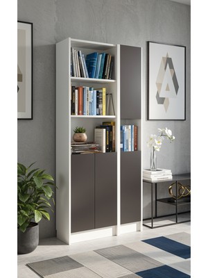 Yeti Mobilya Kitaplık 4 Kapaklı Kütüphane Çok Amaçlı Dolap Beyaz Antrasit
