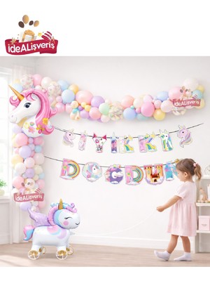 Bkmc Tekerlekli Unicorn Doğum Günü Konsept Seti – Çekilebilir Folyo Balonlu Makaron Balon Zinciri