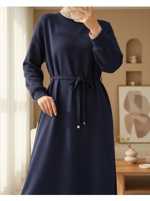 Modamorfo Yuvarlak Yaka Kemerli Uzun Penye Elbise -Laci