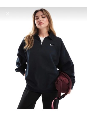 Nike Phoenix Fleece Oversize Qz Polo Oversize Bol Kalıp Çeyrek Fermuarlı Siyah Kadın Sweatshirt FZ3207-010