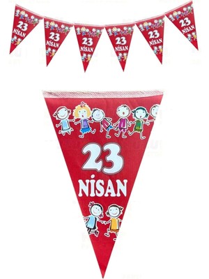 Dizayn Parti Evi 23 Nisan El Ele Çocuklar Üçgen Bayrak Kırmızı Flama 10 Bayraklı 160 cm 15X23 cm Milli Bayram Süsü