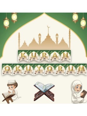 Kuran Okuyorum Yazısı Banner Yeşil Gold Renk 2mt Kuran Okuma Partisi Süslemesi