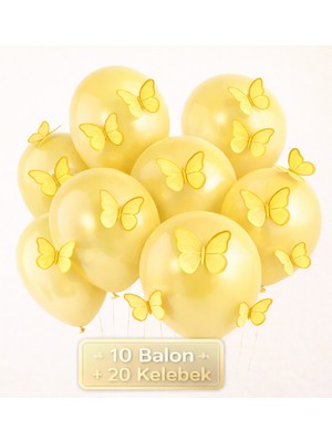 Bkmc Soft  3D Kelebekli Balon Seti – 10  Balon + 20 Kelebek Doğum Günü Parti Seti Süsü