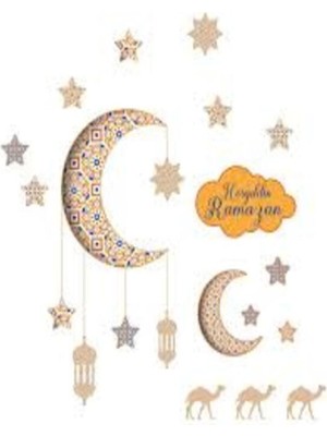 Hoşgeldin Ramazan Cam ve Duvar Sticker - Mavi ve Gold Çizgili Ramazan Sticker 21 Parça