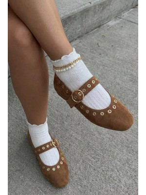 I Love Shoes Dorin Kadın Babet Taba Süet Zımba Detaylı