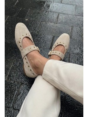 I Love Shoes Dorin Kadın Babet Bej Süet Zımba Detaylı