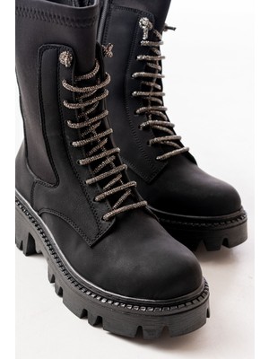 I Love Shoes Pherlo Siyah Düz Topuklu Bağcıklı Fermuarlı Günlük Kadın Bot