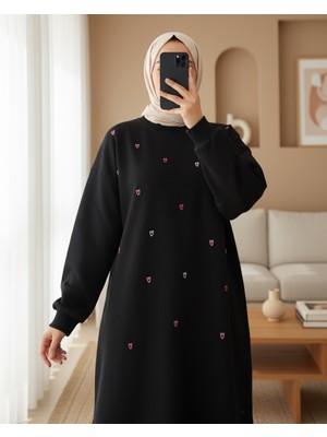 Modamorfo Yuvarlak Yaka Kalp Desenli Penye Tunik  -Siyah