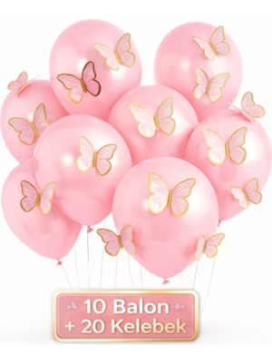 Bkmc Soft  3D Kelebekli Balon Seti – 10  Balon + 20 Kelebek Doğum Günü Parti Seti Süsü
