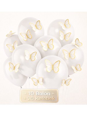 Bkmc Soft  3D Kelebekli Balon Seti – 10  Balon + 20 Kelebek Doğum Günü Parti Seti Süsü