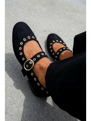 I Love Shoes Dorin Kadın Babet Siyah Süet Zımba Detaylı