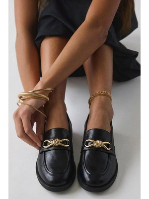 I Love Shoes Norel Kadın Loafer Siyah Mat Deri Fiyonk Detaylı