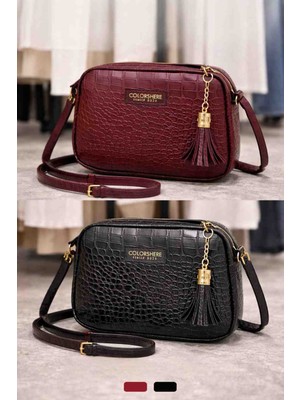 Colorshere Kroko Bordo ve Siyah 2'li Askılı Aksesuarlı Çanta