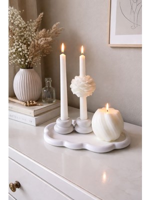 Yasmella Home El Yapımı Dekoratif Set – Bulut Form Tepsi, Ikili Şamdan ve Modern Tasarım Mum