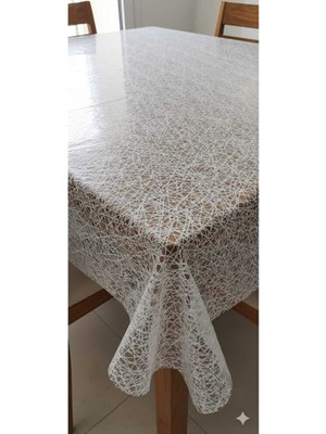 Ünal File 140 x 52 cm Silinebilir Lüks Masa Örtüsü Şeffaf Hasır Desen Beyaz Pvc Masa Örtüsü