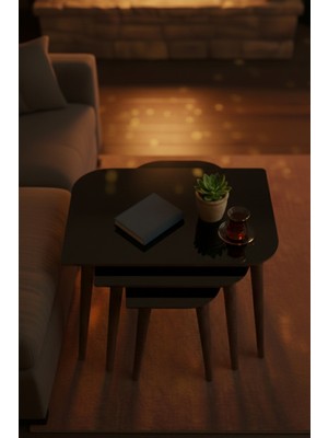 brahim Modern Tasarımlı Mdf 3’lü Zigon Sehpa Seti – Ahşap Ayaklı, Dayanıklı ve Dekoratif Salon Yan Sehpa