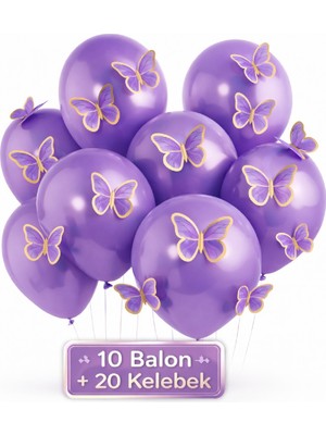 Bkmc Party Soft  3D Kelebekli Balon Seti – 10  Balon + 20 Kelebek Doğum Günü Parti Seti Süsü