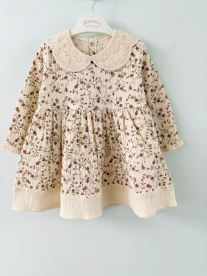 Cacobebiş Kız Bebek Alfa Yaka Çiçek Baskılı Uzun Kollu Müslin Kumaş Elbise
