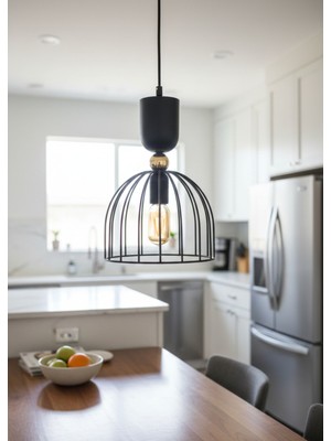 Decodelight Siyah Endüstriyel Metal Gold Top Tel Küre Model 25 cm Çap Mutfak Cafe Tekli Sarkıt Avize Aydınlatma