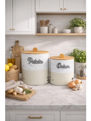 Bambu Kapaklı Metal Patates Soğanlık Krem Taş Desenli Decorev Dc 7099