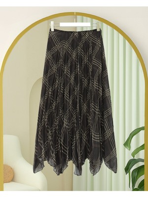 Moda Morfo Eteği Asimetrik Kesim Astarlı Şifon Etek -Kahve