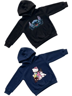 Machi Kız Çocuk Siyah Stitch Lacivert Hello Kitty Friends Baskılı Kapüşonlu Sweatshirt Hoodie