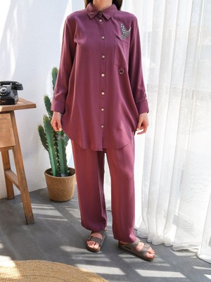 Moda %100 Tensel Kumaş Mürdüm Renk Ikili Takım – Şıklık ve Konforun Doğal Buluşması