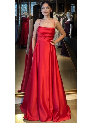 Abiyeniall Kırmızı Ip Askılı Sırt Dekolteli Kloş Etekli Saten Uzun Abiye Elbise 7764