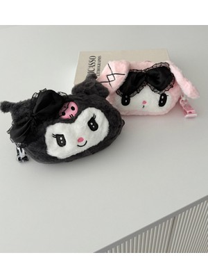 DNC Kurumi Peluş Sevimli Karakter El Çantası – Fermuarlı Mini Makyaj Çantası – Siyah & Pembe