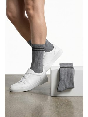 Lykos 2 Çift Gri Erkek Kolej Çorabı - Çizgili Retro Soket Çorap Seti - Pamuklu Konfor