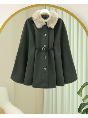 Modamorfo Yakası Kürklü Beli Kemerli Düğmeli Kaşe Panço -Haki