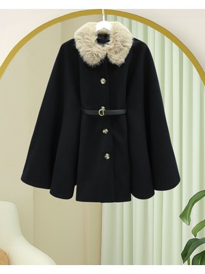 Modamorfo Yakası Kürklü Beli Kemerli Düğmeli Kaşe Panço -Siyah