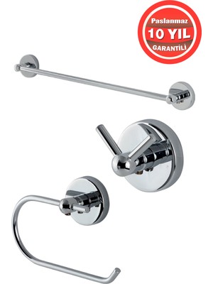 Banyom Home Krom Paslanmaz Pirinç Karaca 3'lü Set - Havluluk-Tuvalet Kağıtlığı Askılık