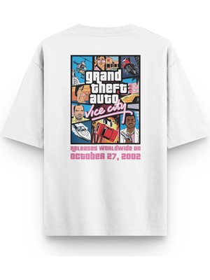 Overoz Gta Vice City Sırt Baskılı Yarı Oversize Beyaz T-Shirt 1314
