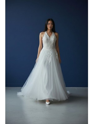 S&G Gelinlik Boyundan Bağlı Büyük Beden Gelinlik