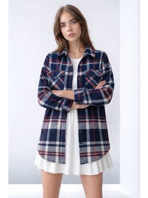 Mamayaga Kadın Desen Bloklu Oduncu Oversize Bol ve Geniş Kalıp Casual Cepli Yakalı Ceket Gömlek