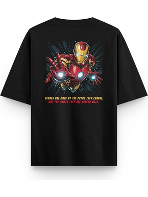 Overoz Iron Man Sırt Baskılı Yarı Oversize Siyah T-Shirt 1319