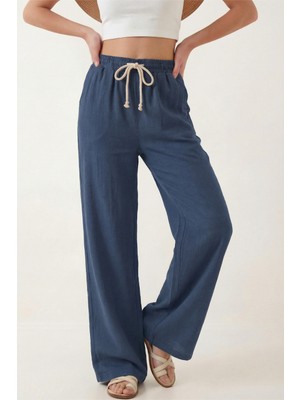 Veleno Kadın Palazzo Pantolon Müslin Lacivert Geniş Paça Yüksek Bel