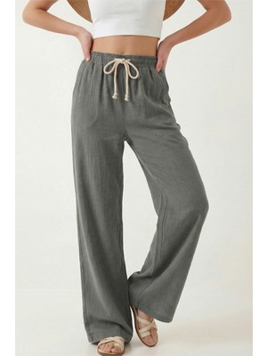 Veleno Kadın Palazzo Pantolon Müslin Füme Geniş Paça Yüksek Bel
