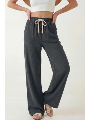 Veleno Kadın Palazzo Pantolon Müslin Siyah Geniş Paça Yüksek Bel