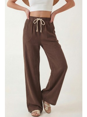 Veleno Kadın Palazzo Pantolon Müslin Kahverengi Geniş Paça Yüksek Bel