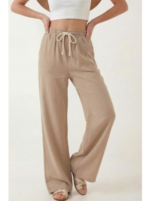 Veleno Kadın Palazzo Pantolon Müslin Bej Geniş Paça Yüksek Bel