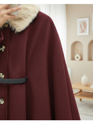 Modamorfo Yakası Kürklü Beli Kemerli Düğmeli Kaşe Panço -Bordo