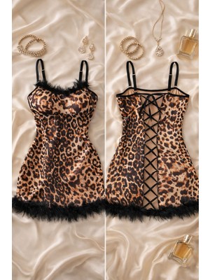 Çeyize Dair Herşey Leopar Desen Şifon Tüy Detaylı Gecelik