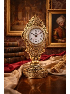 Home Dekor Hediye Nostaljik Vintage Taş Işlemeli Kabartmalı Lüks Altın Renk dekoratif Salon ve Ofis Masa Saati 29 cm