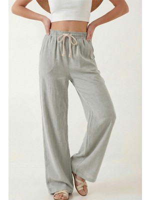 Veleno Kadın Palazzo Pantolon Müslin Gri Geniş Paça Yüksek Bel