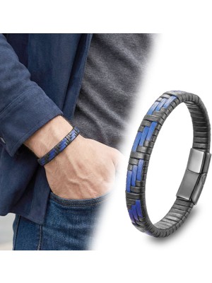 Fm   Mavi ve Siyah Deri Örgü ve Çelik Bileklik 31833B9D2
